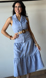 Belted Button Front Tiered Midi Dress