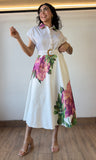 Printed Short Slvs Midi Dress W/belt
