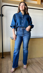 Navy Ruffle Neck Puff Sleeve Blouse