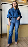 Navy Ruffle Neck Puff Sleeve Blouse