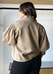 Taupe Ruffle Neck Puff Sleeve Blouse