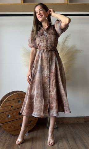 Rust Print Balloon Sleeve Dress