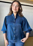 Navy Ruffle Neck Puff Sleeve Blouse