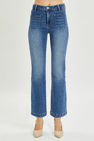 High Rise Ankle Bootcut Patch Pocket Jeans