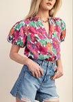 Floral Print Split Neckline Blouse