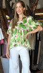 V-Neck Placket Balloon Sleeve Top