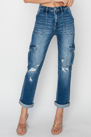 High Rise-Ankle Straight Roll Up Jeans