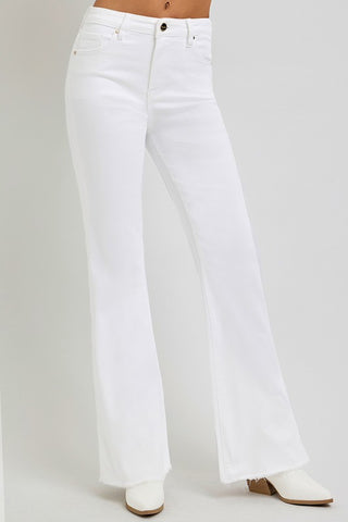 White High Rise Flare Frayed Hem Pants