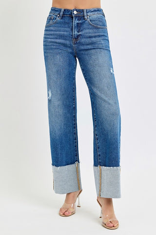 High Rise Ankle Wide Cuffed Jeans