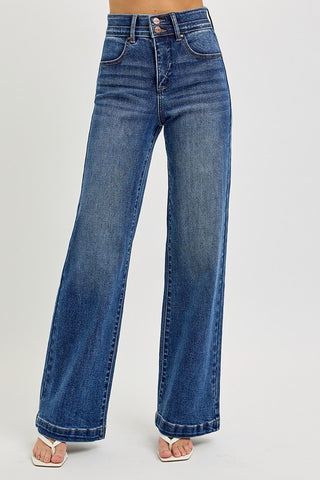 Elastic High Rise Wide Double Waist Jeans