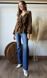 Ruffled V-neck Long Sleeve Blouse