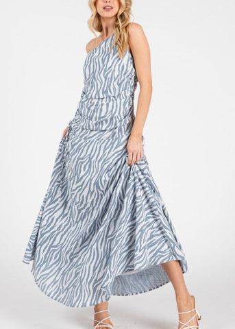 Zebra Print One Shoulder Sleeveless Maxi Dress