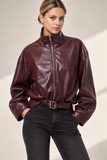 Faux-leather Belted Bomber Jacket