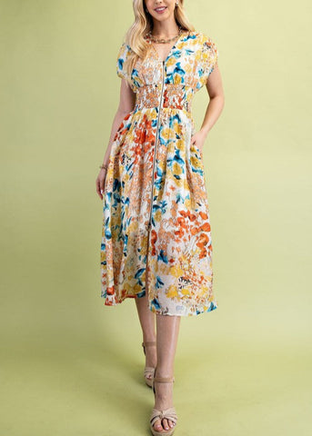 Floral Midi Dress With A Front Zipper