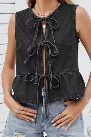 Denim Bow-tie Top With Peplum Hem