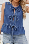 Denim Bow-tie Top With Peplum Hem