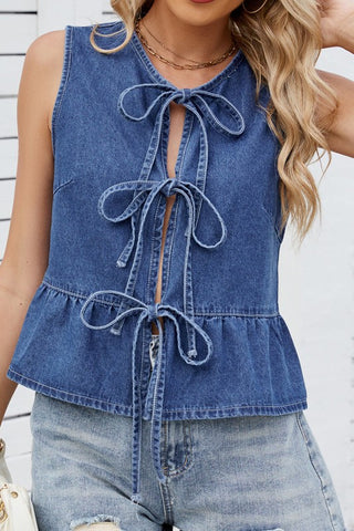 Denim Bow-tie Top With Peplum Hem