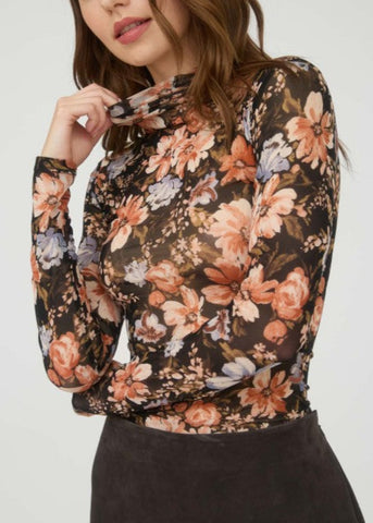 Floral Mock Neck Sheer Knit Top