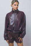 Faux-leather Belted Bomber Jacket