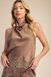 Halter Neck Lace Trim Satin Top