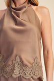Halter Neck Lace Trim Satin Top