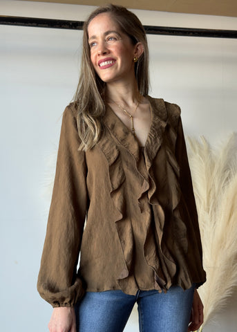Ruffled V-neck Long Sleeve Blouse
