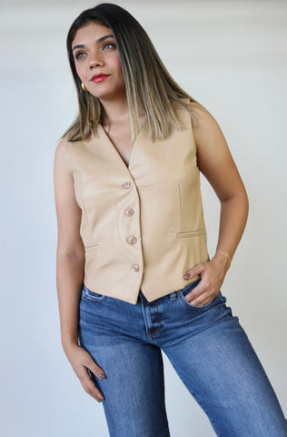 Khaki Faux Leather Tailored Vest