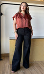 Brick Round Neck V-neck Drop Satin Blouse