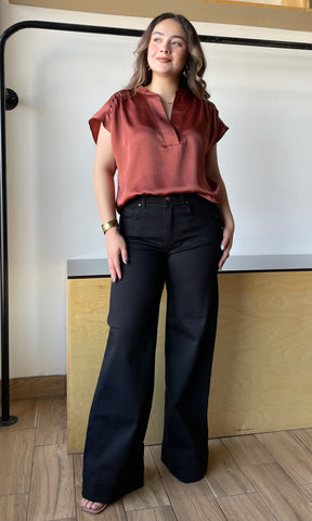 Brick Round Neck V-neck Drop Satin Blouse