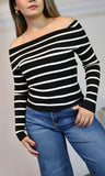 Off Shoulder Black Stripe Light Sweater