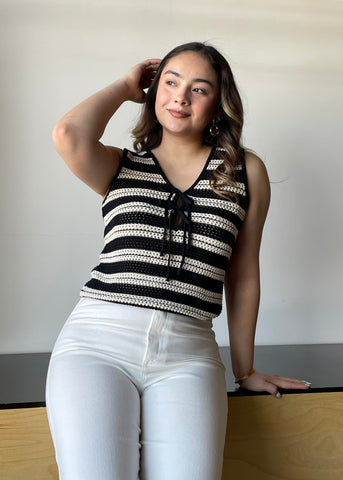 Stripe Front Tie Sleeveless Crochet Knit Pullover
