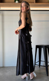 Satin Flower Draped Back Maxi Dress