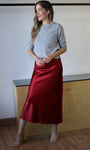 Burgundy Elastic Band Midi Satin Skirt