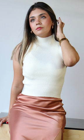 Ribbed High Neck Sleeveless Knit Crop Top