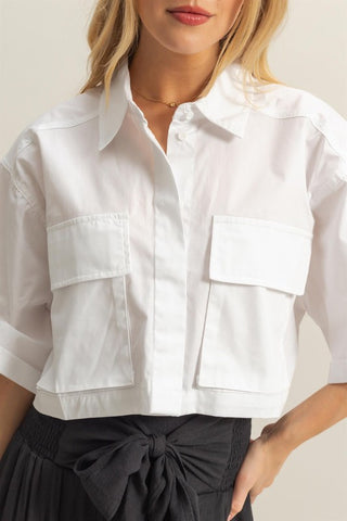 Front Pocket Poplin Crop Collared Shirt
