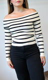 Off Shoulder White Stripe Light Sweater