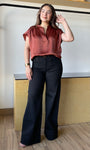 Brick Round Neck V-neck Drop Satin Blouse