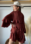Ruffled Satin Romper With Button-up Front