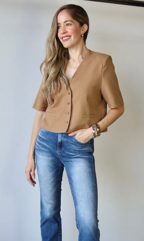 Camel Button Front Crop Blouse