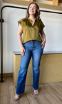 Olive Round Neck V-neck Drop Satin Blouse