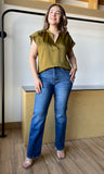 Olive Round Neck V-neck Drop Satin Blouse