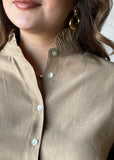 Taupe Ruffle Neck Puff Sleeve Blouse