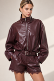 Faux-leather Belted Bomber Jacket