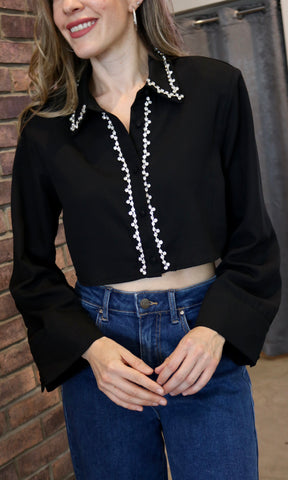 Jewel Trim Crop Button Up Shirt