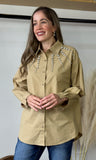 Khaki Rhinestone Detail Button Blouse