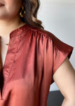 Brick Round Neck V-neck Drop Satin Blouse