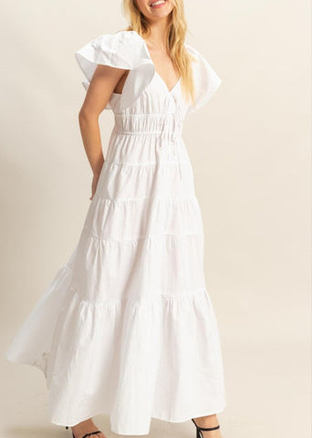 Flutter Sleeve Poplin Tiered Maxi Dress