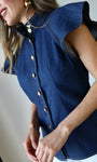 Denim Cap Sleeve Button-Down Top