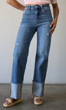 High Rise Ankle Wide Cuffed Jeans