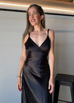Satin Flower Draped Back Maxi Dress